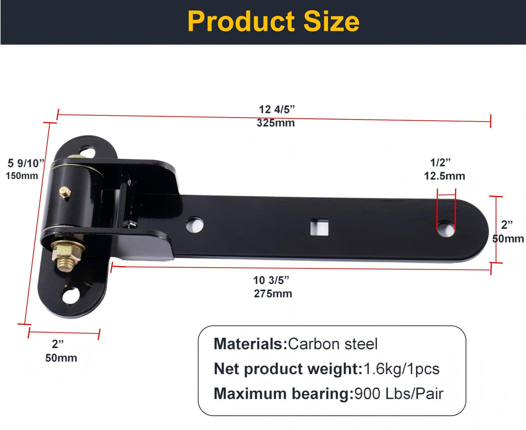 13" Heavy Duty T-Strap Gate Hinges 900 Lbs Capacity, 180° or 90° Smooth Open