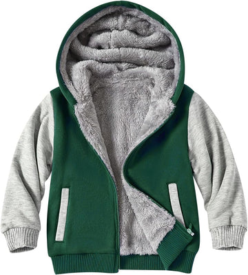 Kids Boys Zip-Up Hooded Sherpa Lined Jacket Fleece Sweatshirts Coat