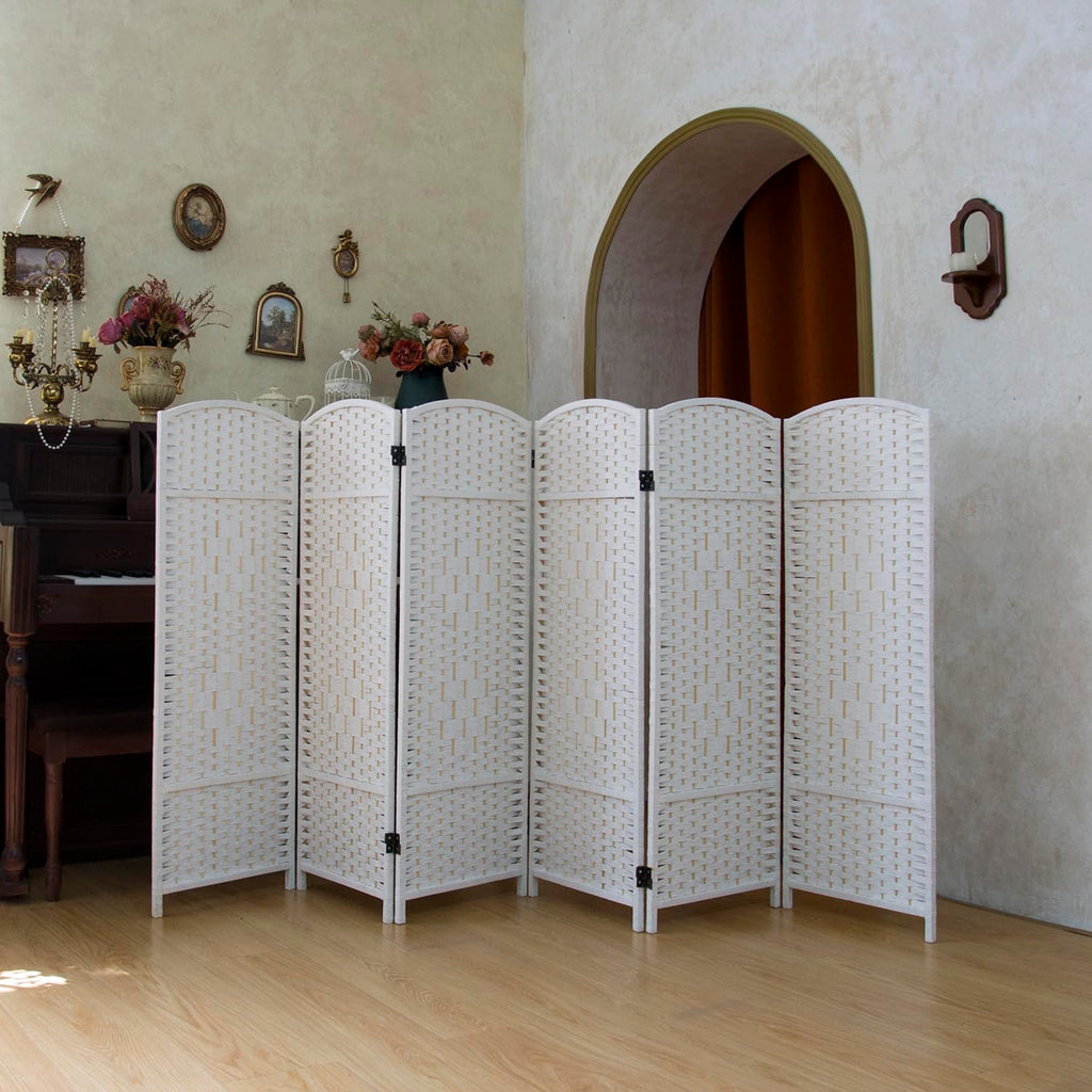 Compact 6 Panel Short Room Divider, 47.2 Inch Tall Double-Sided Rattan Folding Privacy Screen, White