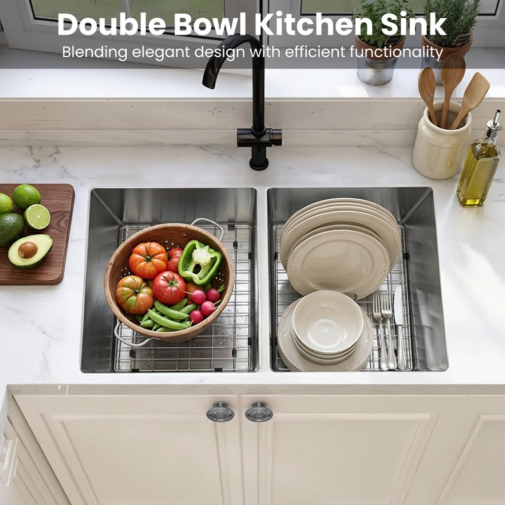 32 Inch Double Bowl Kitchen Sinks with Quick Drain Slope - 11 Gauge (3mm) 304 Stainless Steel Undermount Kitchen Sink