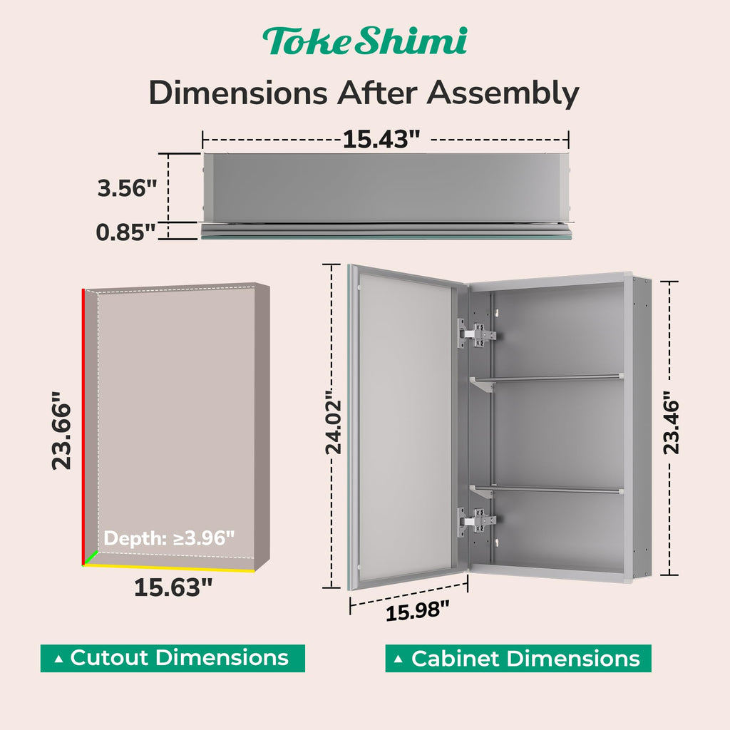 16x24 Bathroom Medicine Cabinet with Mirror, Aluminum Silver Recessed or Surface Mount with Adjustable Storage Metal