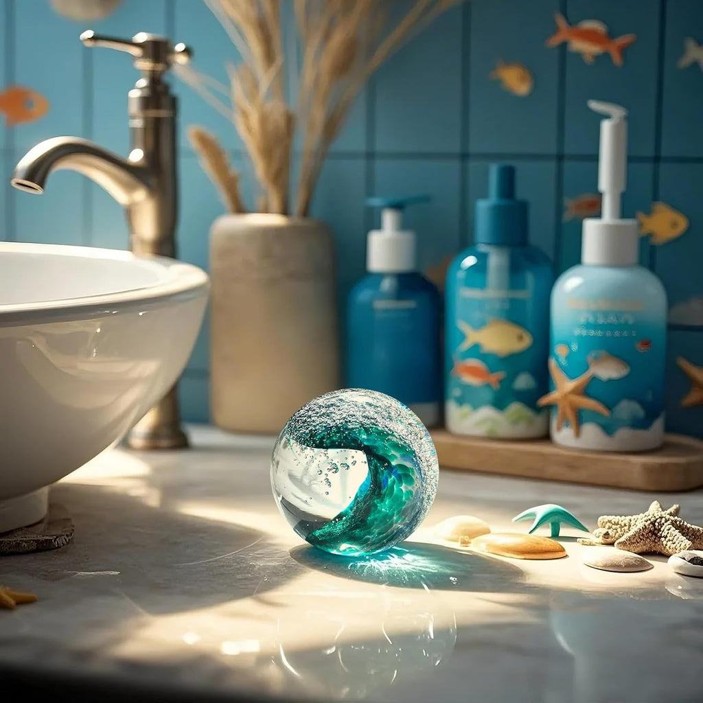 Hand Blown s Ball: Ocean Wave Design Glass Paper Weights, Beach Decorations - Unique Ocean Themed