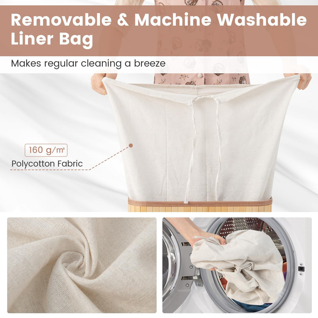 Bamboo Laundry Hamper with Lid Removable Liner & Handles