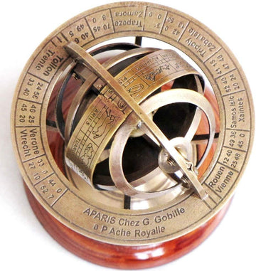 Brass Armillary Sphere Astrolabe On Wooden Base Maritime Nautical & Collectible