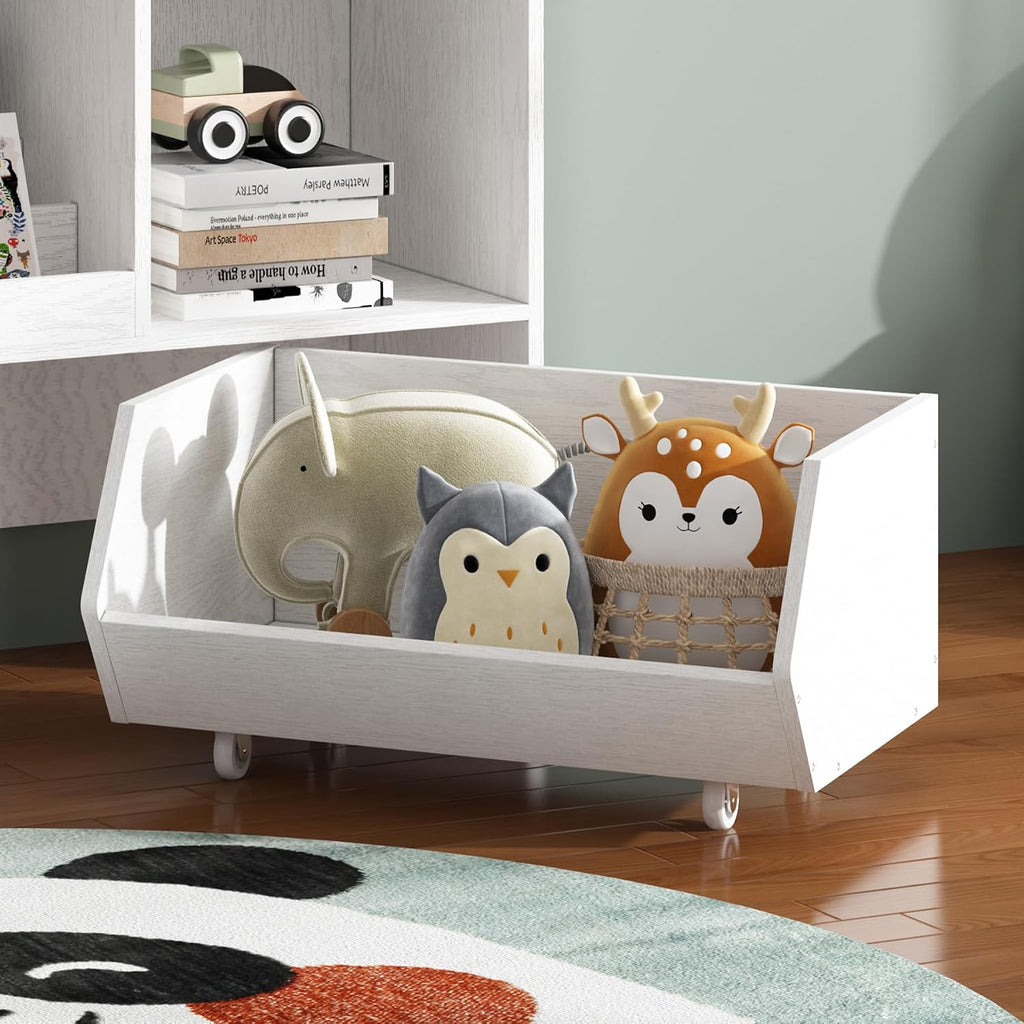 Kids Bookshelf and Toy Storage Organizer with 2 Rolling Bins, 5-Tier Open Wooden Bookcase for Children's Bedroom