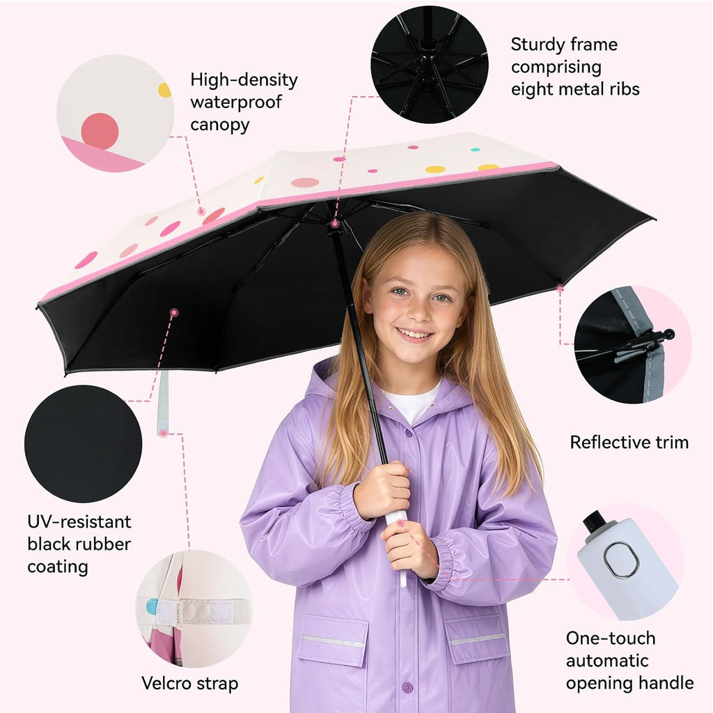 Kids Folding Umbrella Auto Open & Close for Girls Boys