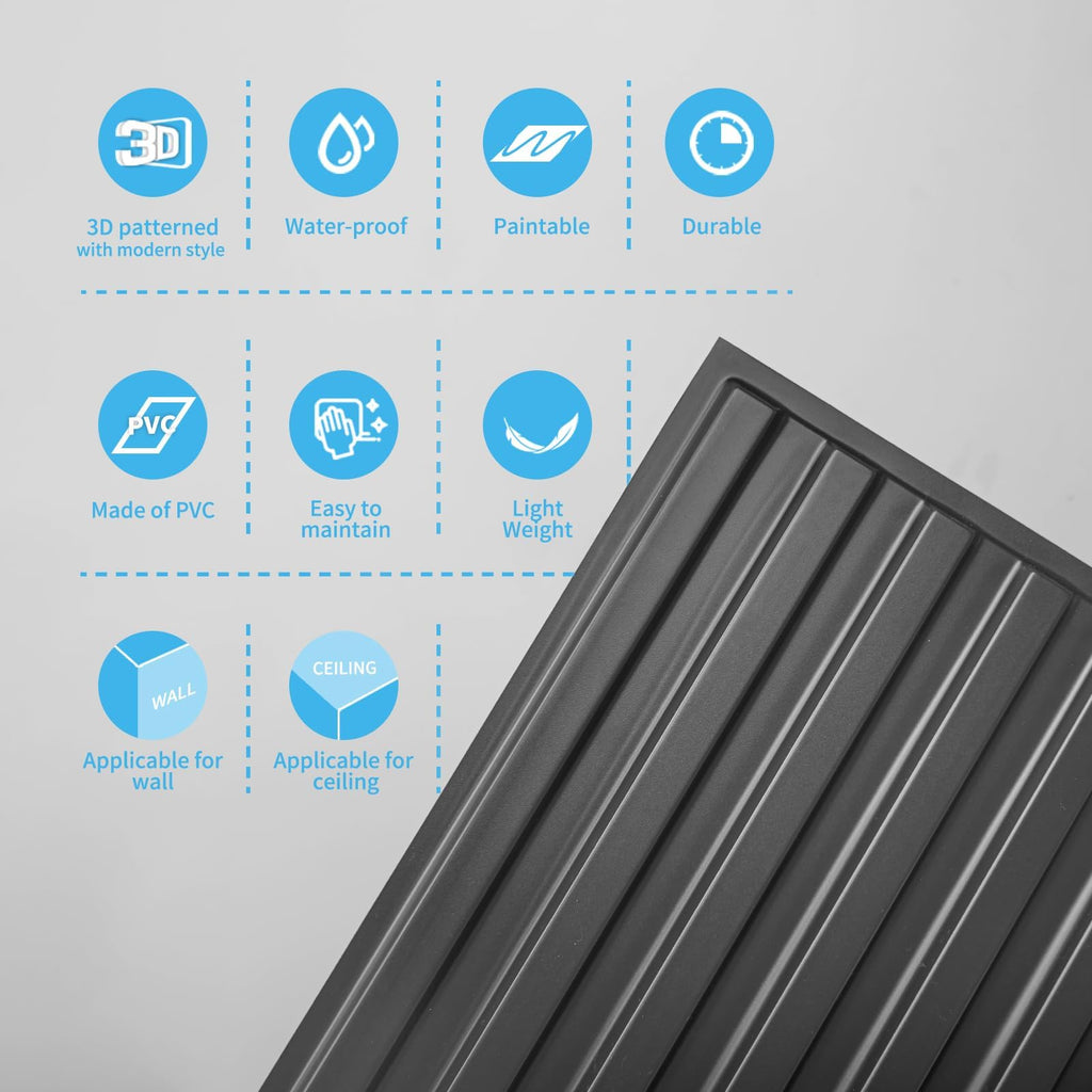 24-Pack Slat Design 3D Wall Panels, 2x4 FT, Black