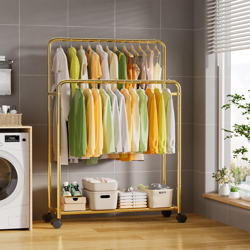 Trending Clothing Clothes Rack Double Rods with Wheels, Rolling Metal Garment Rack for Hanging, Gold