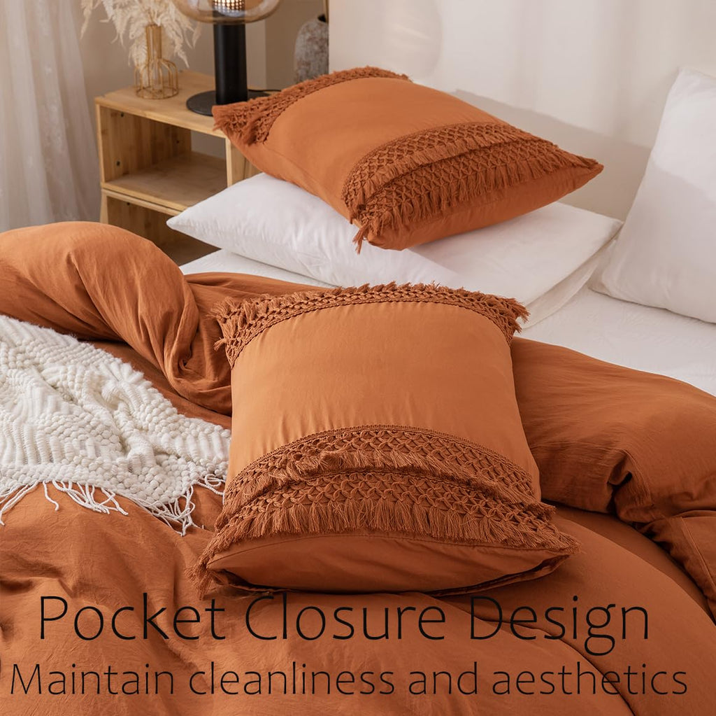 Rust Tassel Pillowcases, Burnt Orange Boho Pillow Cases Set of 2, 100% Washed Microfiber, Boho Hand-Made Tassel