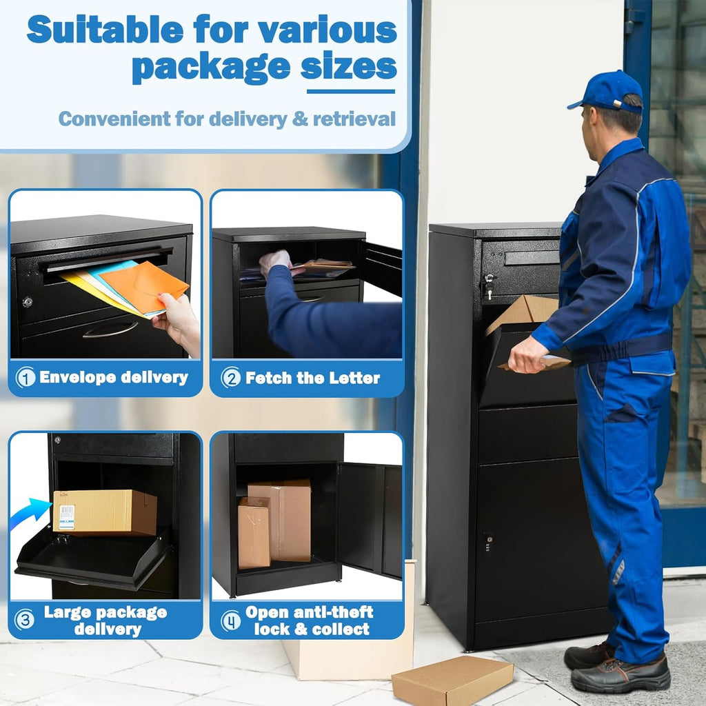 45" Package Delivery Box - Lockable Black Metal Parcel Drop Box, Anti-Theft, IPX4 Waterproof