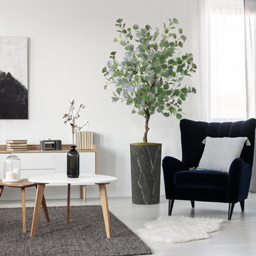 Artificial Tree in Modern Granite Effect Planter, Fake Eucalyptus Silk Tree for Indoor and Outdoor Home Decoration