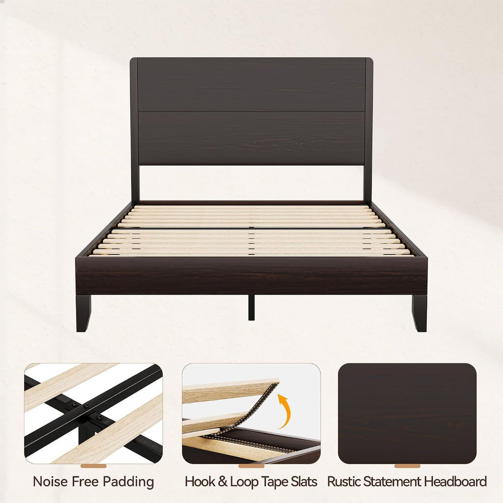 Wood Queen Bed Frame, Platform Bed with Tall Headboard, Solid Wood Slat Support, Noise-Free Mattress Foundation, No