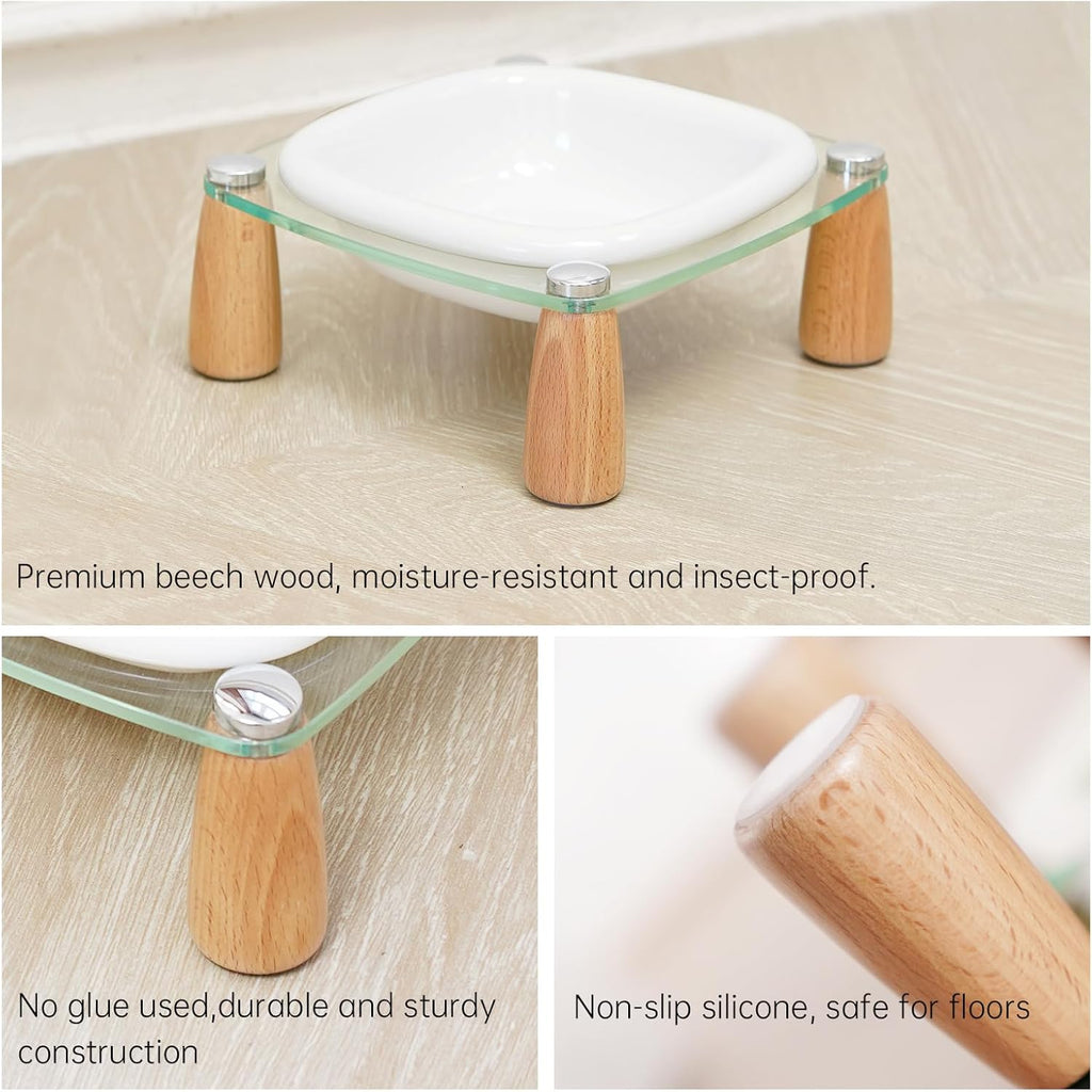 Elevated Cat Bowl and Dog Bowl, Ceramic Raised Pet Bowl with Acrylic & Wood Stand, Non-Slip, 13.5 OZ, for Cats &