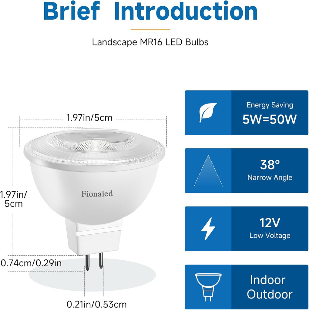 MR16 LED Bulbs, 50W Halogen Replacement, 2700K Warm White, Not Dimmable GU5.3 Bipin Base, 5W 12V Landscape Recessed