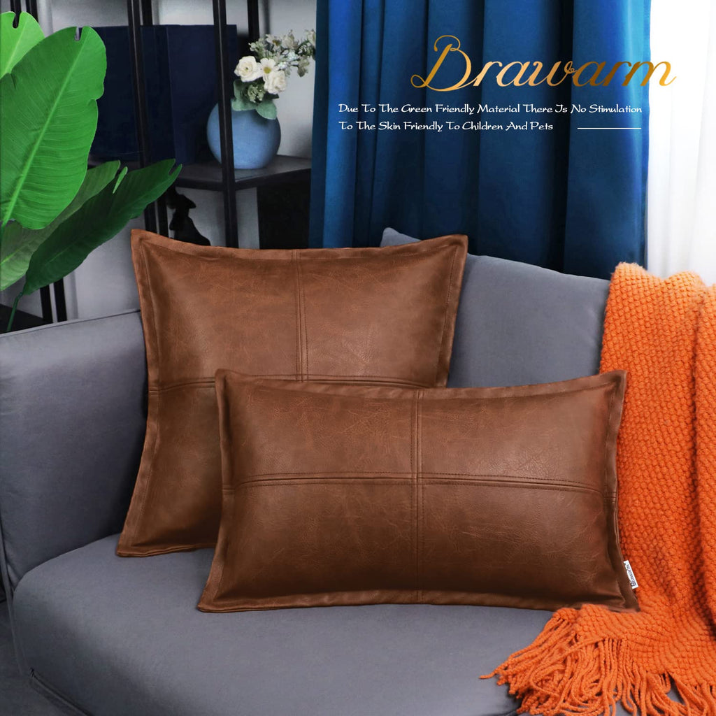Piped Faux Leather Throw Pillow Cover 12x20 Inches, Brown, 1 PC