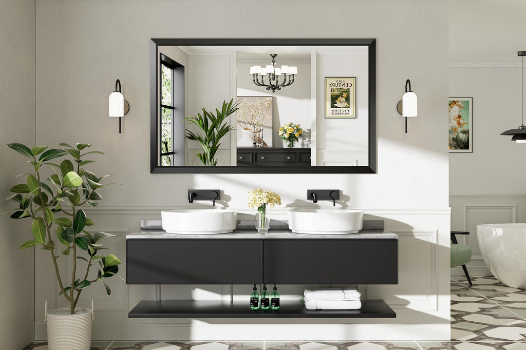 Black Metal Framed Bathroom Wall Mirror, 60x36 Inch