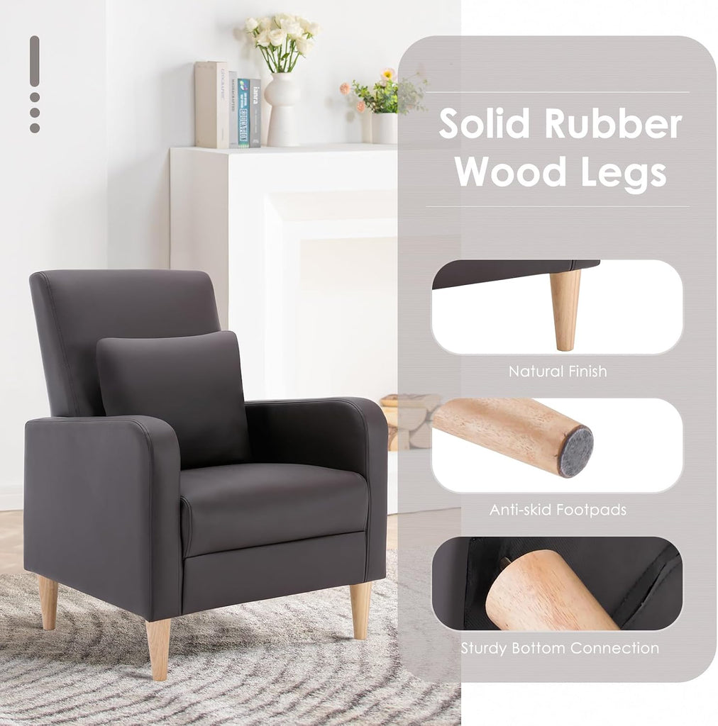 Mid-Century Modern Accent Chairs, Faux Leather Upholstered Living Room Chairs with Back Pillow & Solid Wood - Set of 2