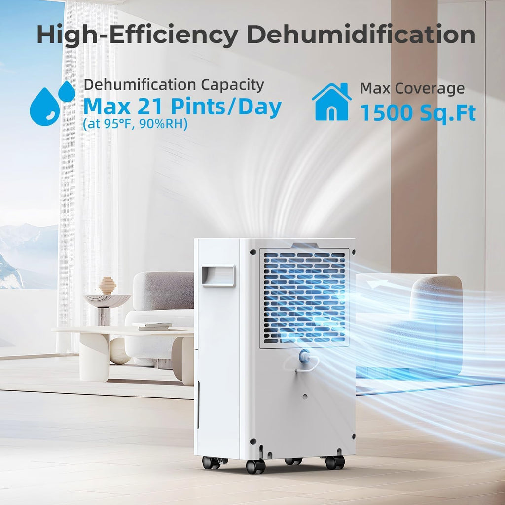 1500 Sq.ft Dehumidifier for Basement, Max 21 Pint/Day Dehumidifiers for Home, Large Room, Bedroom with Drain Hose