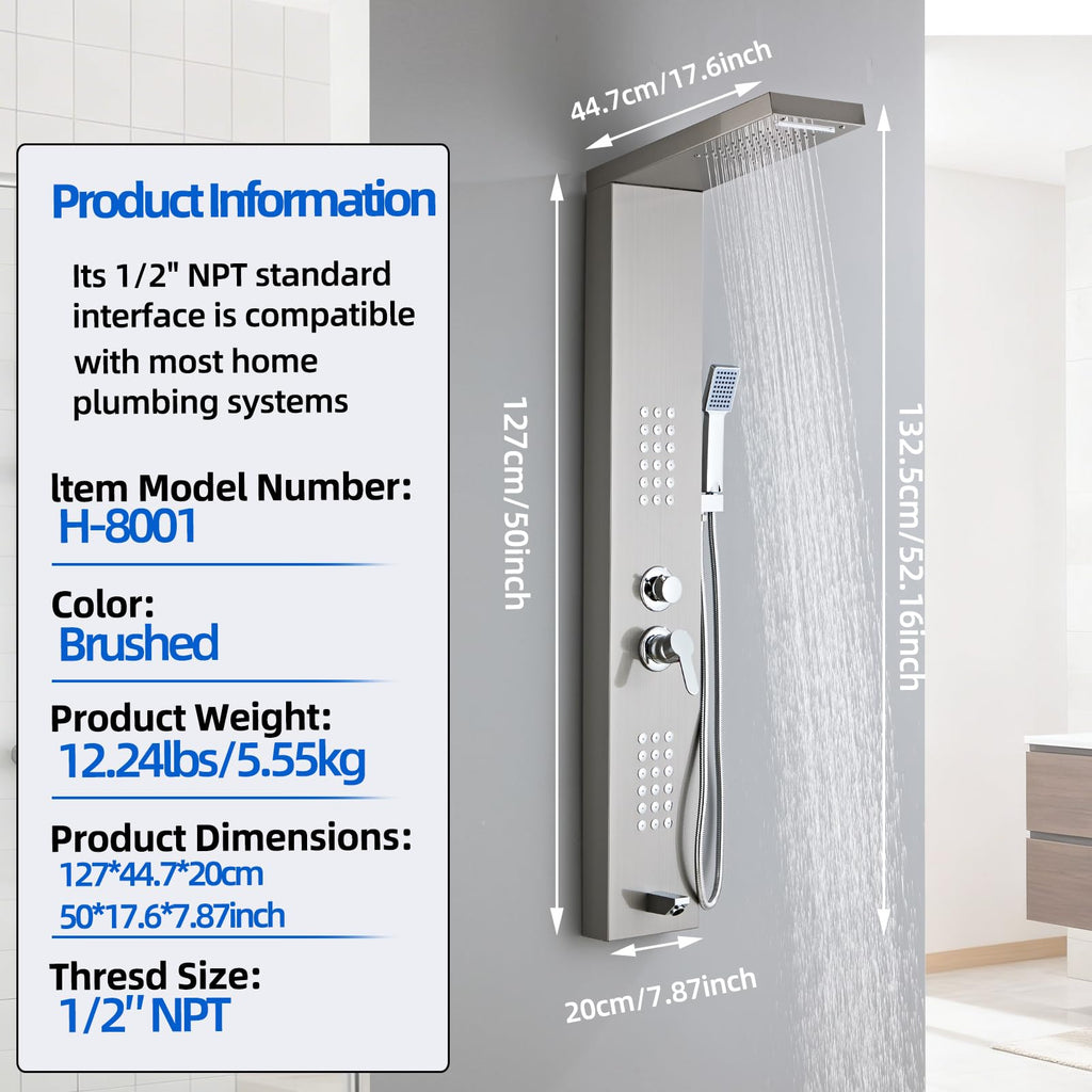 Shower Panel Tower System 5-in-1 Shower Panel Tower with Powerful Body Massage, Rainfall, Waterfall,Handheld and Tub