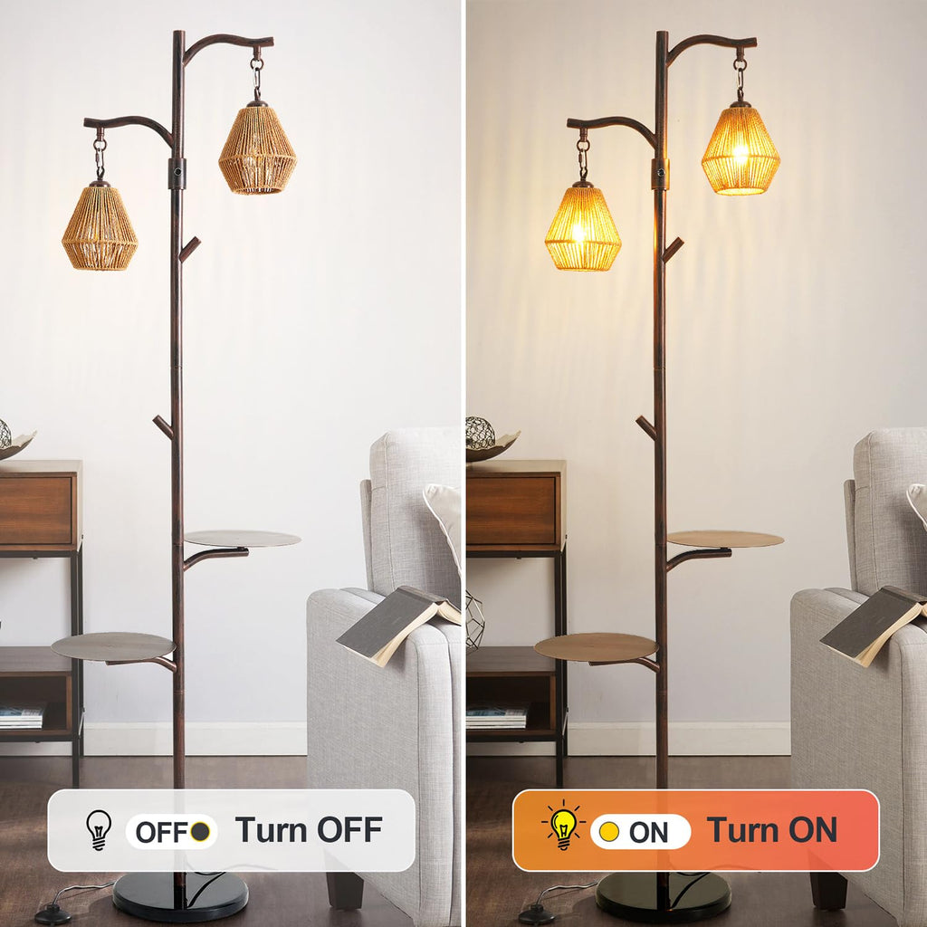Arc Floor Lamp with Cage Shade, Rattan&Fabric Boho Floor Lamps Bedroom, Rust Color Industrial Dimmable Floor