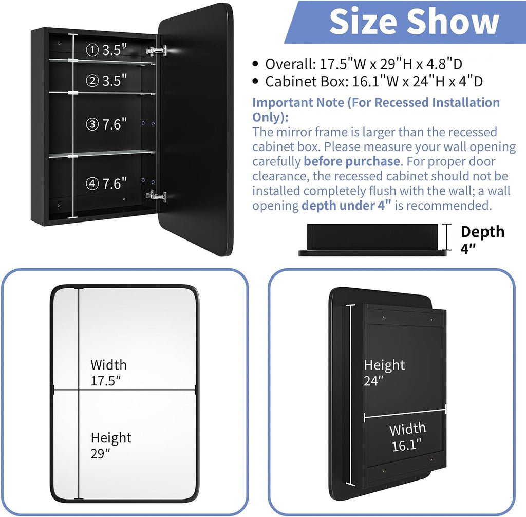 Medicine Cabinet with Black Metal Frame Mirror, Overall 17.5"x29" | Bathroom Wood Wall Cabinet with Mirror, 16.1"x24"
