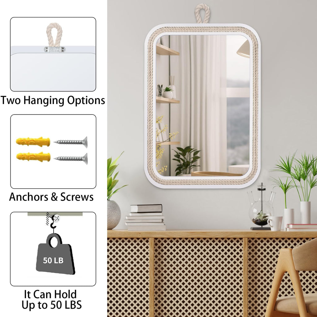 Nautical Rope Mirror Rectangle Wooden 22''Lx16''W White Decorative Mirror Farmhouse Hanging -Beachy Coastal Wall