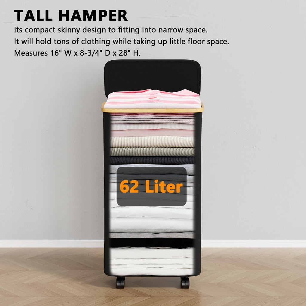 Slim Laundry Hamper with Wheels and Lid,62L Rolling Narrow Clothes Basket with Bamboo Handle, Large Laundry Hamper