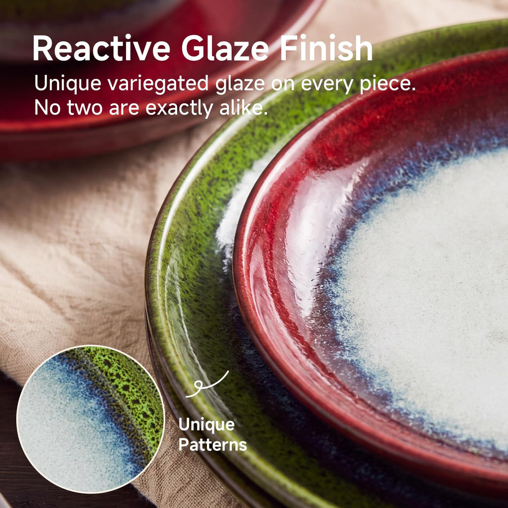 Dinnerware Set for 6, Green Reactive Glaze Plates and Bowls Sets