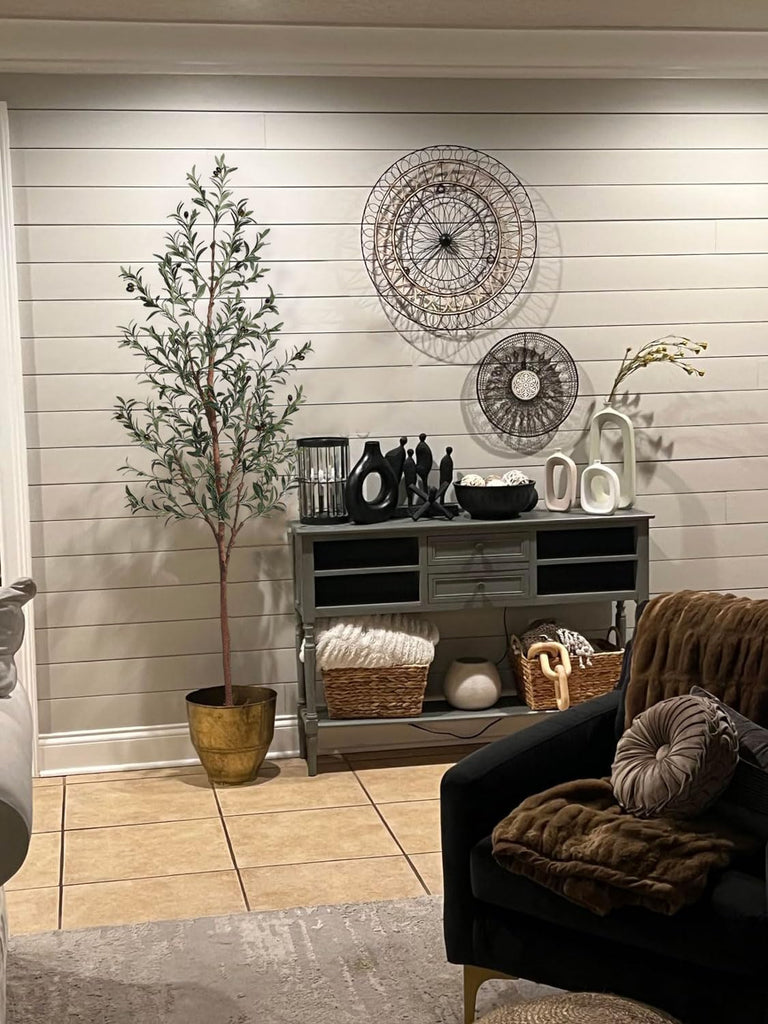 7ft Artificial Olive Tree Decor, 7 Feet Large Faux Plant Fake Skinny Silk Trees with Black Olivo Outdoor House Living