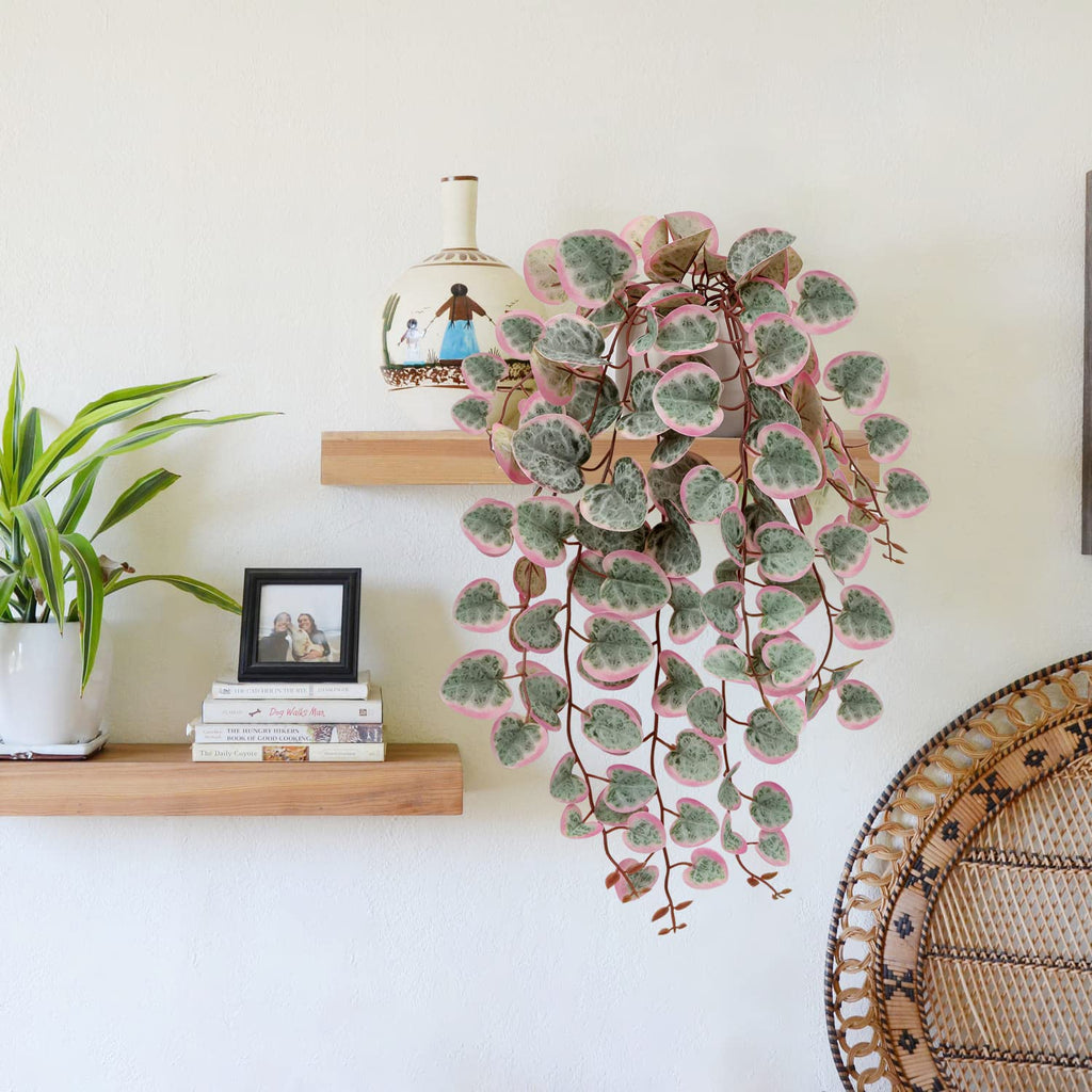 Pink Fake Variegated String of Hearts Plant in White Ceramic Pot
