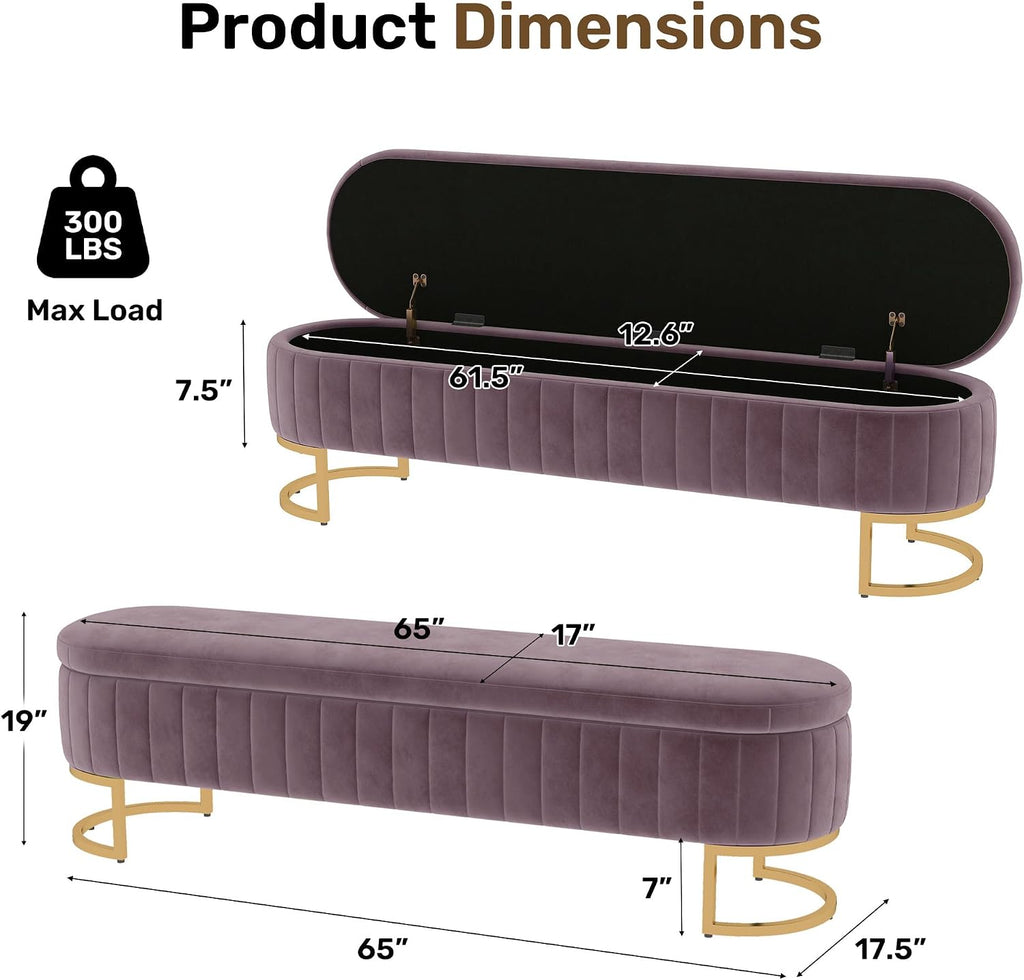 65" Velvet Storage Ottoman Bench End of Bed Entryway Purple | Velvet Large Storage Solid Wood with Metal Leg 300 lbs