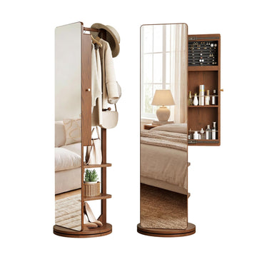 69" H×20" W Solid Wood Mirror Jewelry Cabinet, 360°Swivel Jewelry Organizer, Jewelry Armoire Cabinet Standing, Full
