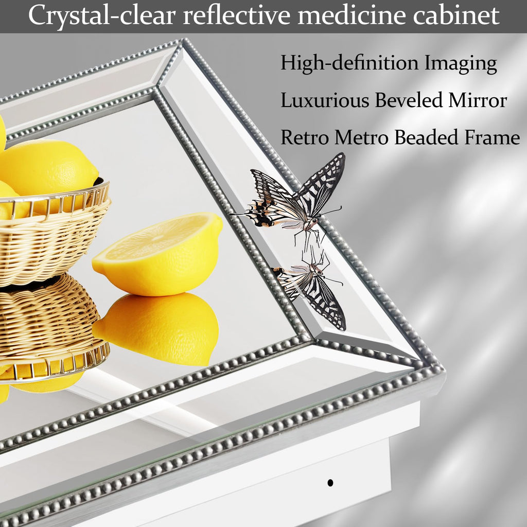 20x32 Inch Bathroom Medicine Cabinet, Silver Metro Beaded Wooden Frame, Retro Bevel Mirror, Recessed & Surface Mount