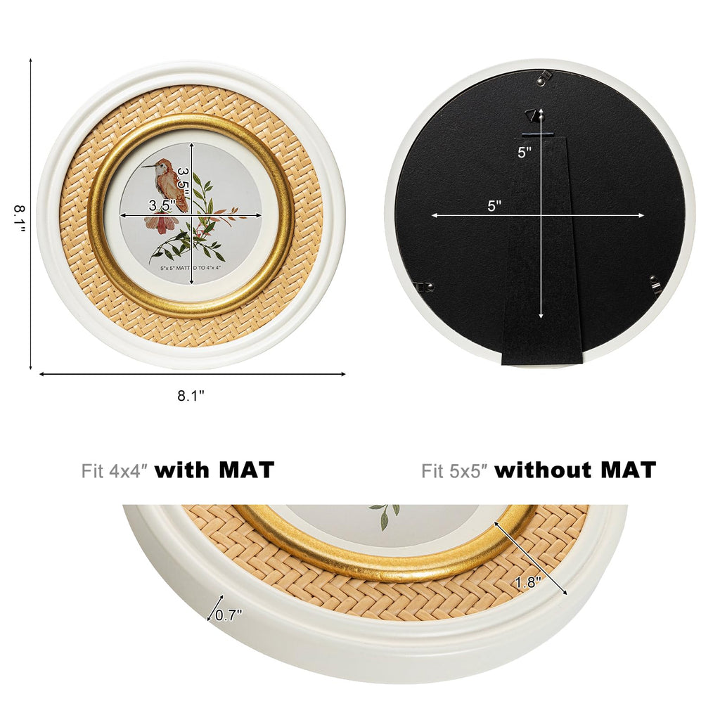 5x5 White & Glod Round Picture Frame with Rattan Trim, Solid Wood with Real Glass, Matted to 4x4, Display Photos
