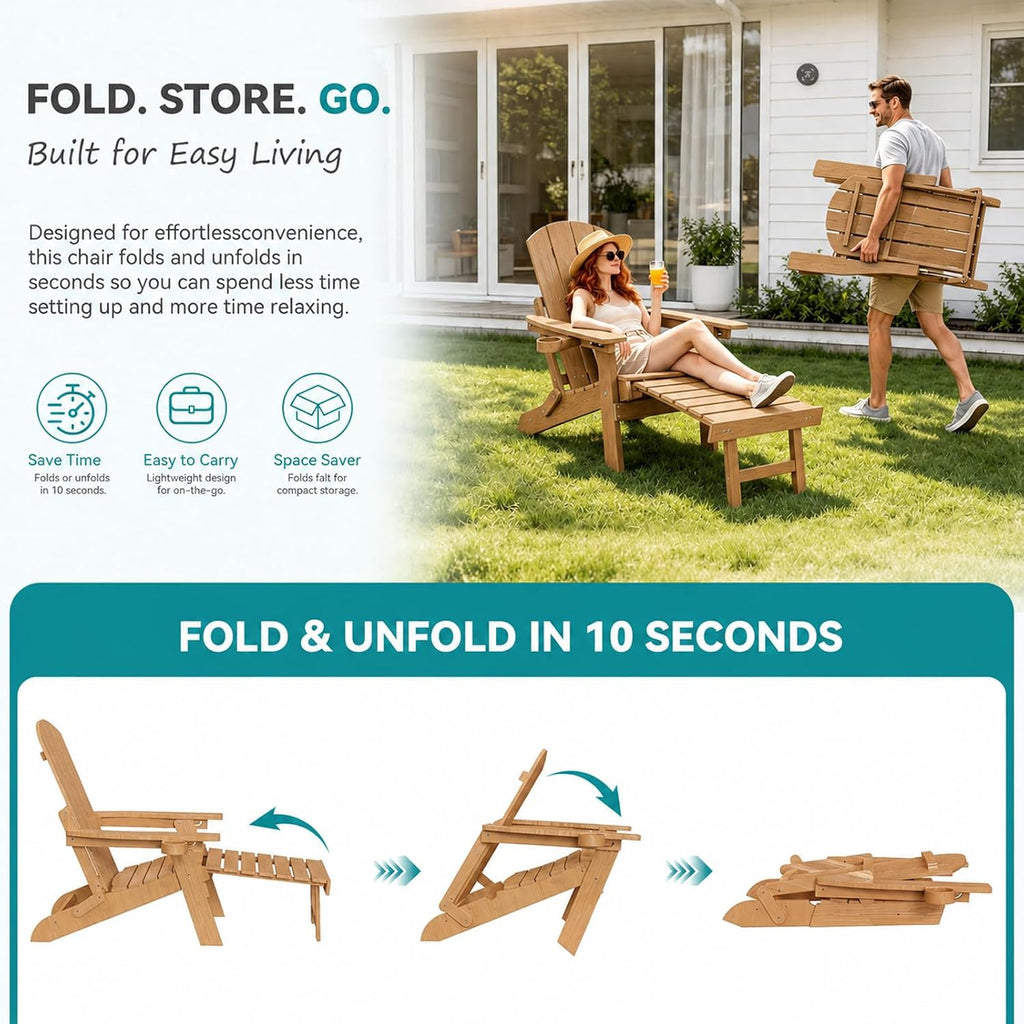 Folding Adjustable Adirondack Chair Set of 2 with Footrest, HDPE Adirondack Chair with Cup Holders & Phone Slot