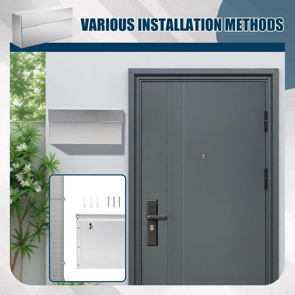 Stainless Steel Mailboxes 14.5'' x 7.1'' x 3.75'' Wall Mounted Mailbox Silver Rust Proof and Rainproof Steel Drop Box