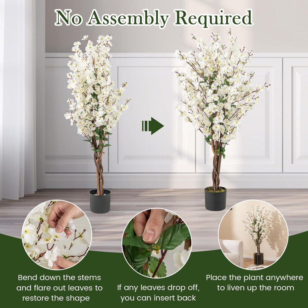 47" Artificial Wintersweet Tree, Faux Plum Blossom Plant with White Fabric Flower, Solid Wood Trunk, Fake Potted