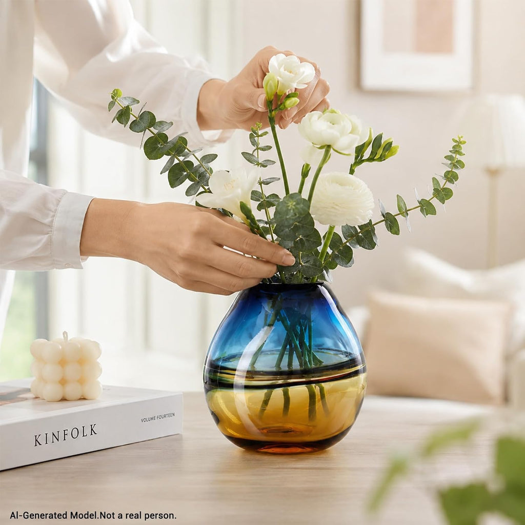 Hand Blown Glass Flower Vase, Murano Style Art Glass Vase Table Centerpiece