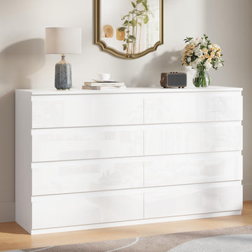 8 Drawer Dresser 55" Wide White Wood Modern Chest