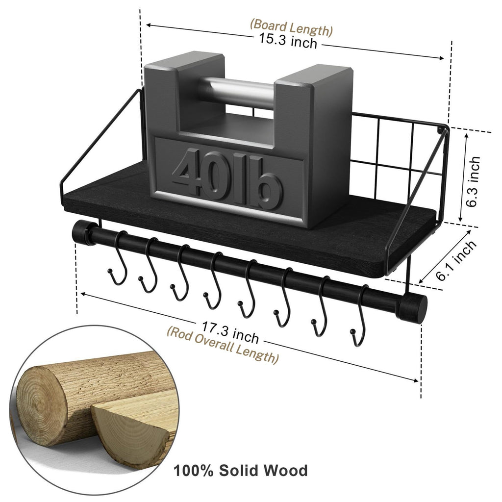 Floating Shelf for Wall with Wooden Towel Bar, Black