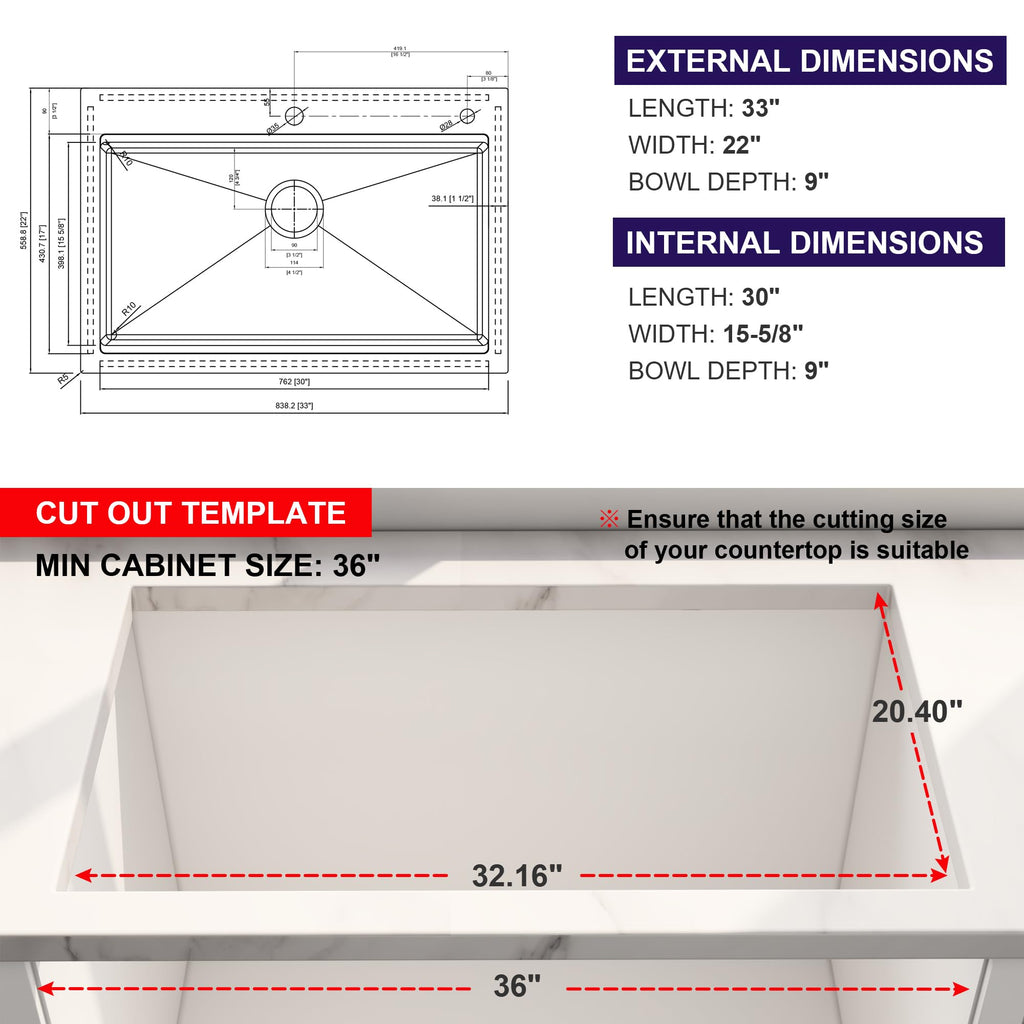 33x22 Drop In Single Bowl Workstation 33 Inch Handmade Kitchen Sink