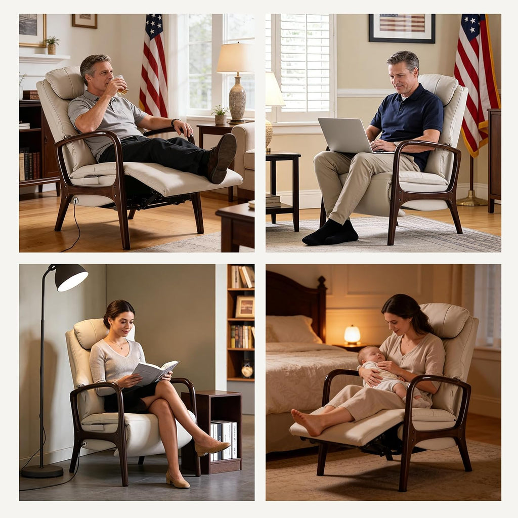 M7 Power Recliner Chair for Adults, Real Leather | Adjustable Lumbar Support & 5-Min Rhythmic Stretch 160° Reclining
