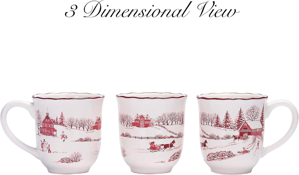 Toile De Jouy Winter Wonderland Ceramic Mug Set of 4, Christmas Coffee Mugs, 16oz Holiday Cups for Tea, Cocoa, or Hot