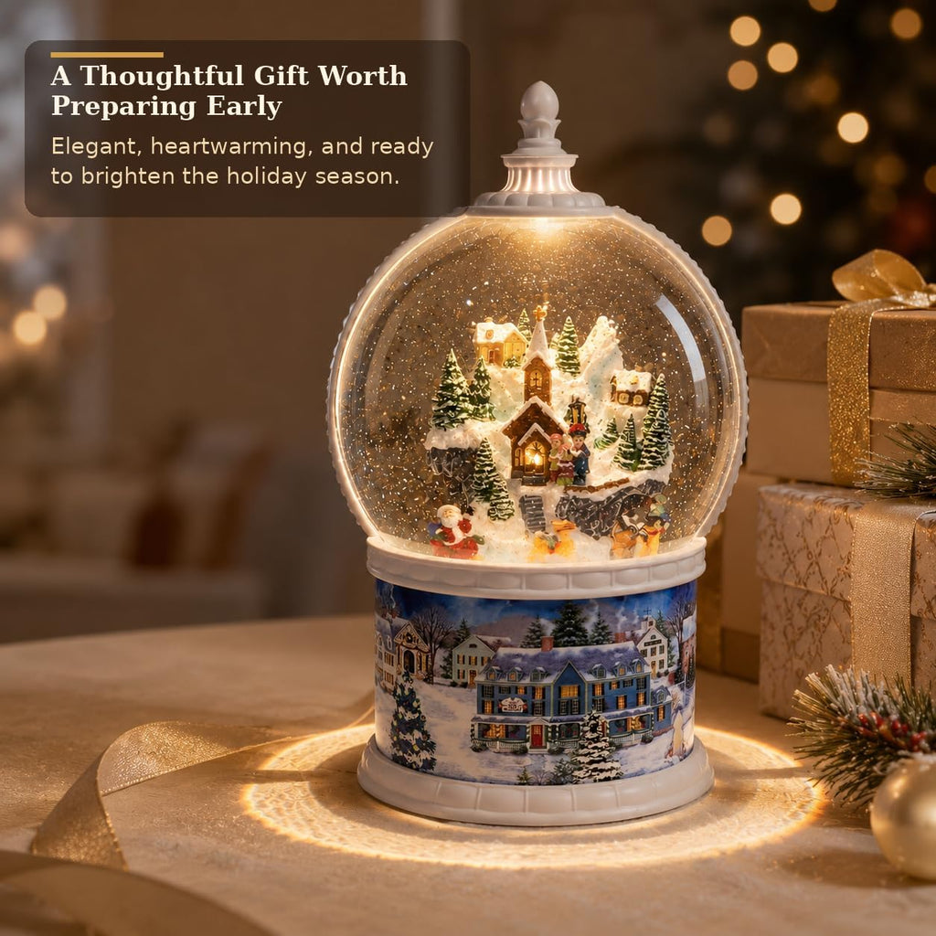 10.24" Large Christmas Snow Globe Lantern, Lighted Musical Winter Village with Swirling Glitter, Rotating Santa &