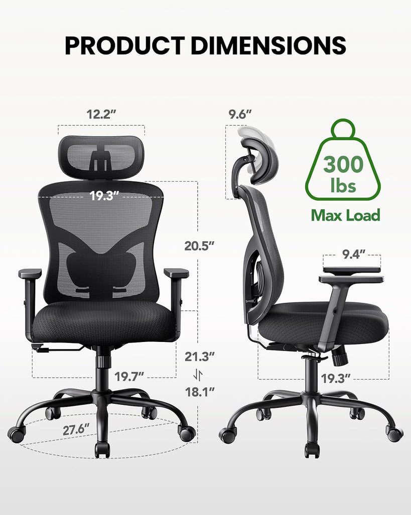 Ergonomic Office Chair Ergonomic Gaming Chair with Lumbar Support, 2D Headrest, Adjustable Armrests, Contoured Seat