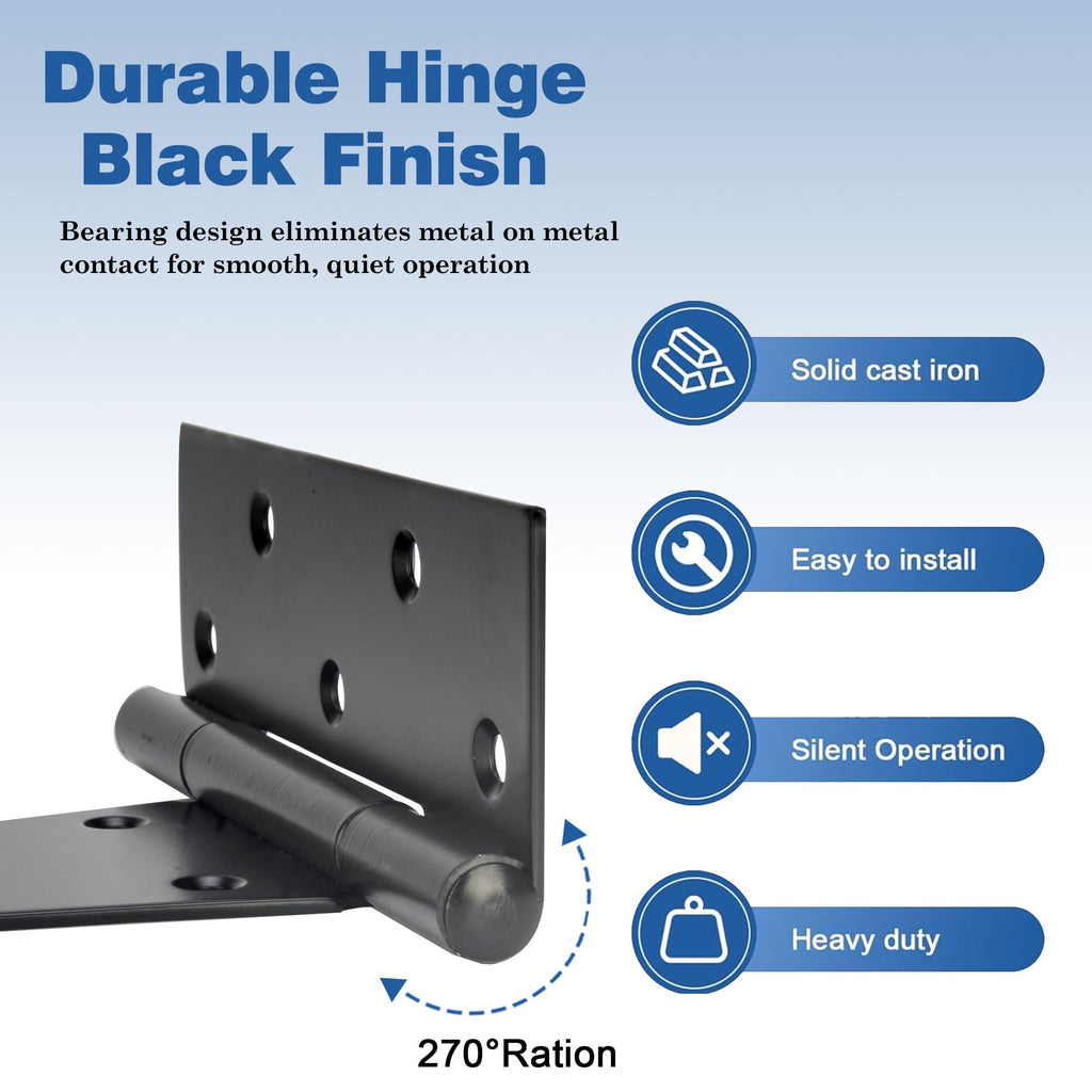 10 Inch T-Strap Gate Hinges, Heavy Duty Black Barn Door Hinges, 4 Pack