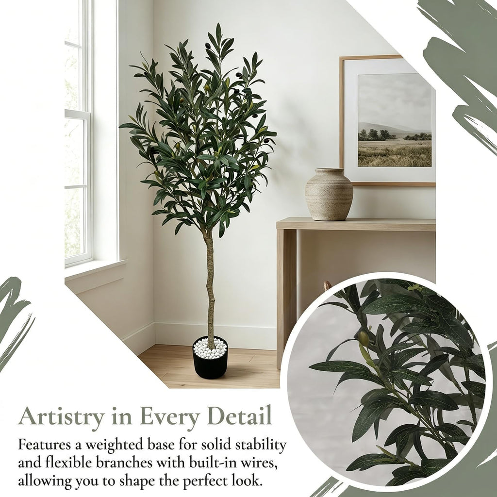 6FT Artificial Olive Tree, Lifelike Large Faux Silk Plant with Realistic Wood Trunk Perfect Floor Plant and Corner