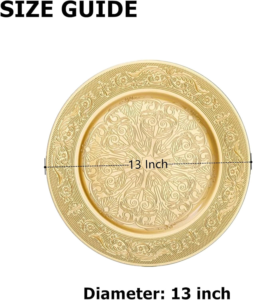 Gold Charger Plate, 13 Inch Heavy Weight Charger Plates for Dinner, Reusable Plastic Embossed Table Chargers - Set of 12