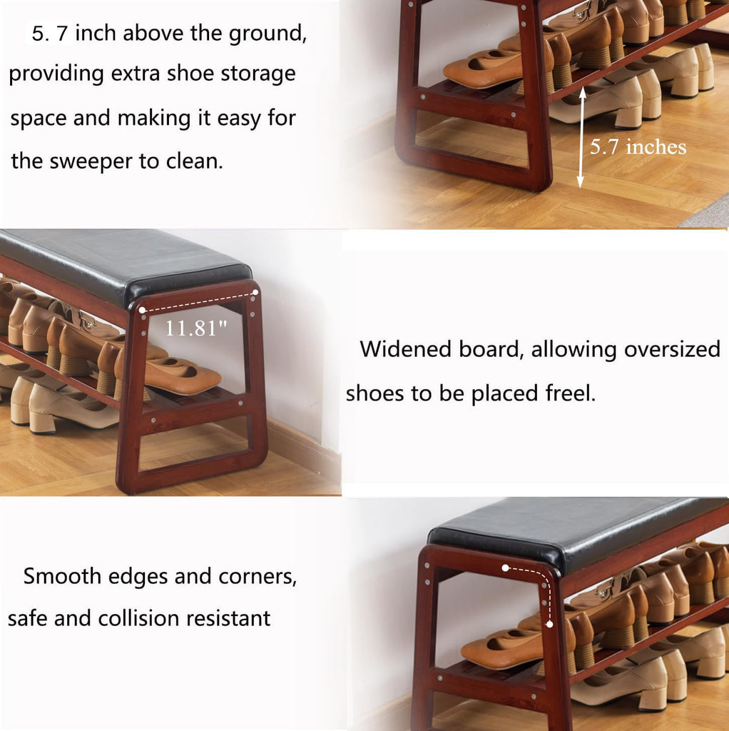 Solid Wood Shoe Bench, 2-Tier Wooden Entryway Bench, Modern Shoe Rack with Cushion (Black, 39.4'')
