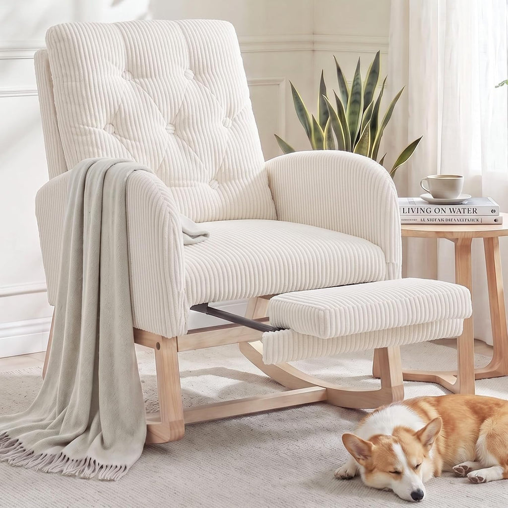 Modern Nursery Rocking Chair with Footrest, Corduroy Upholstered Recliner Glider Chair with Diamond Shape Back
